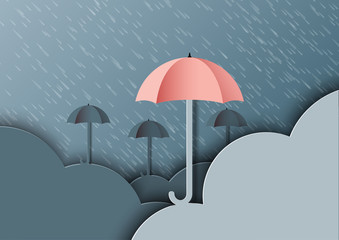 Aufkleber - Origami umbrellas with clouds on monsoon background and rainy season.Paper art style vector illustration.