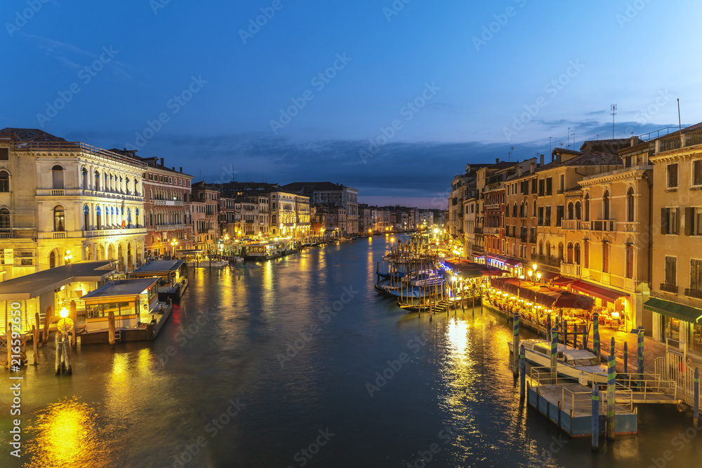 Venice night city skyline at Venice Grand Canal view from Rialto Bridge, Venice Italy - obrazy, fototapety, plakaty 