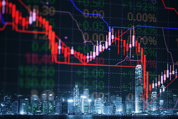 Double exposure of candle stick graph chart with indicator with stock market price screen and city background, stock exchange trading, investment and financial concept.