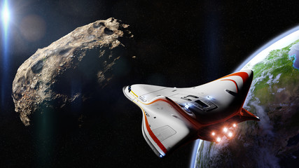 Wall Mural - spaceship intercepting meteoroid in orbit of planet earth, near earth asteroid space mission