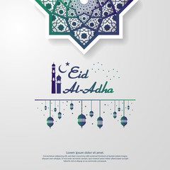 Poster - Eid al Adha or Fitr Mubarak islamic greeting card design. abstract mandala with pattern ornament and hanging lantern element. background Vector illustration