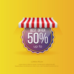 Canvas Print - Vector illustration of poster with round colorful sticker promoting sales up to 50% under striped tent on yellow background