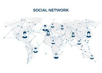 social media. graphic global network connection. social network structure on world map. vector illus