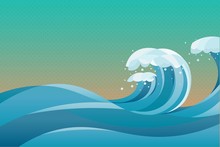 High Tide Sea Water Waves Background. Illustration Of Waves In The Rising Blue Sea, With Green Yellow Background.