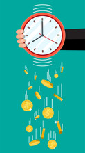Golden Coins Falling From Clocks. Overspending, Losing, Bankruptcy, Devalue, Deficit, Losing Money. Time Is Money Concept. Vector Illustration In Flat Style