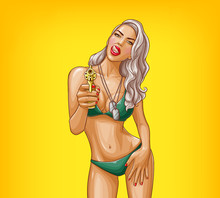Vector Pop Art Illustration Of Gangster Girl In Green Bikini, Armed With Gun Isolated On Yellow Background. Pin-up Poster With Military Sexy Woman Holding Revolver In Hand And Flirting
