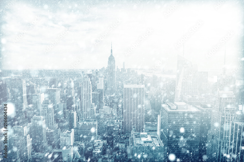 View of beautiful New york skyline with snow - obrazy, fototapety, plakaty 