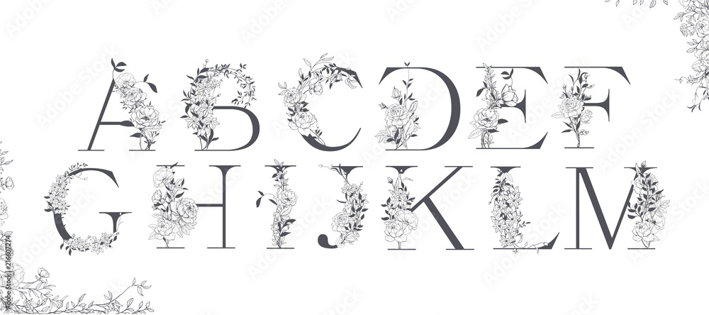 Wedding alphabet. Initials with botanical elements. Monogram arrangement. - obrazy, fototapety, plakaty 