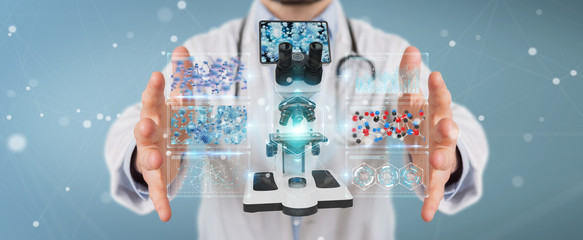 Doctor using modern microscope with digital analysis 3D rendering