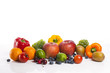 © dohee - many variety fresh fruits on the wood table, grey background.