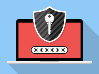 Poster - Password Protection. Laptop With Password Security Shield Key Field On Screen Illustration Vector