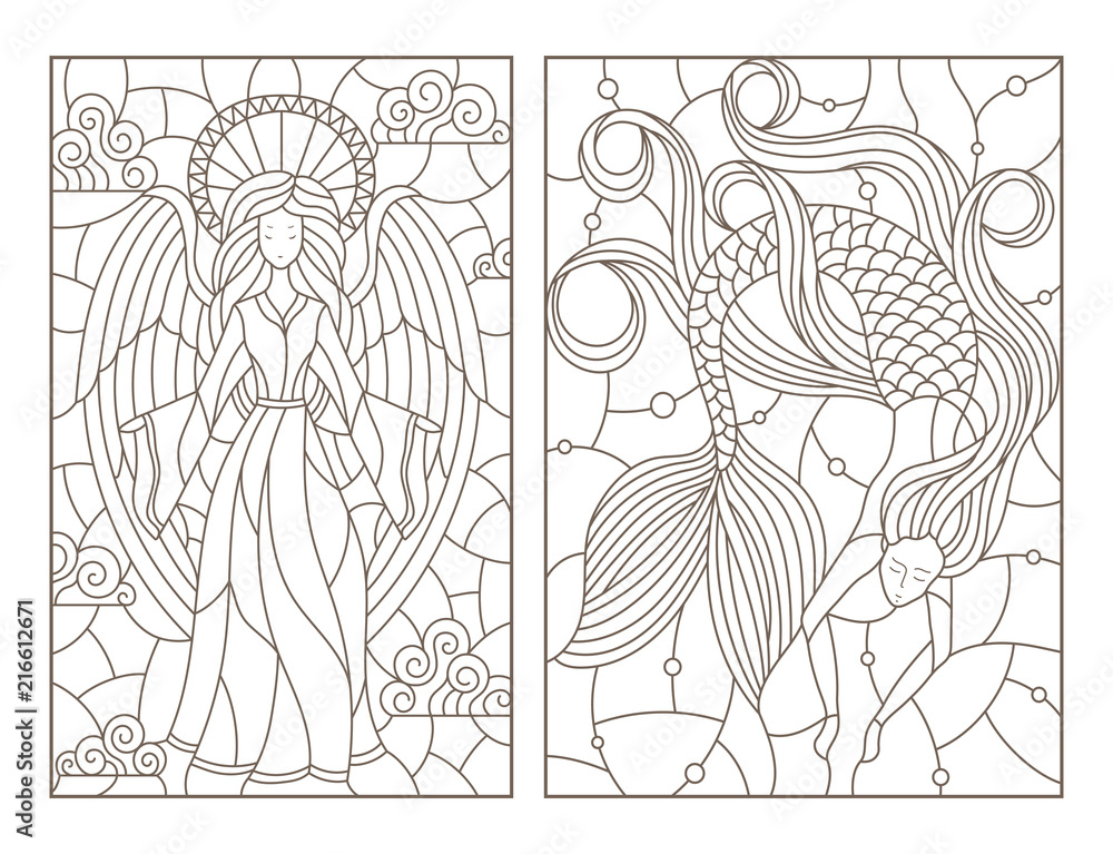 Set of contour illustrations of stained glass Windows with a girl angel and a mermaid, dark contours on a white background Stock Vector | Adobe Stock set-of-contour-illustrations-of-stained-glass-windows-with-a-girl-angel-and-a-mermaid-dark-contours-on-a-white-background-stock-vector-adobe-stock