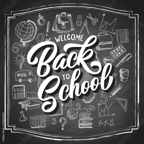 Welcome Back To School Hand Drawn Lettering With 3d Shadow And Sketch Doodle Custom Brush Calligraphy On Vintage Black Chalkboard Background Vector Illustration Stock Vector Adobe Stock adobe stock
