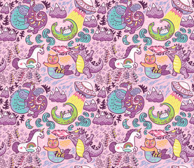 Wall Mural - Fantastic creatures, animals pattern. Vector cute background