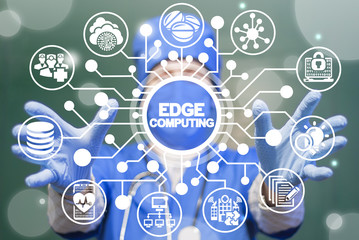 Doctor offers a edge computing on a virtual circuits medical informative panel. EDGE Computing Health Care Tech. Smart Modern Medicine Clinic Web Communication Data concept.