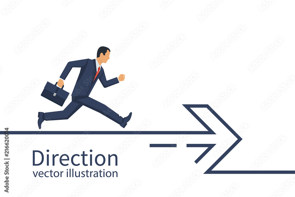 Businessman with a briefcase runs along the direction line. Direction concept. Abstract arrow minimal design line. Vector illustration flat design. Isolated on white background. - obrazy, fototapety, plakaty 