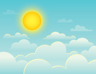vector colorful illustration of a bright full sun on a background of a blue sky. a midday sky with c