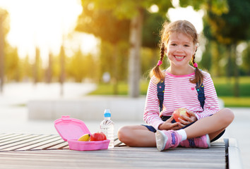 Wall Mural - schoolgirl child eating lunch apples   at school