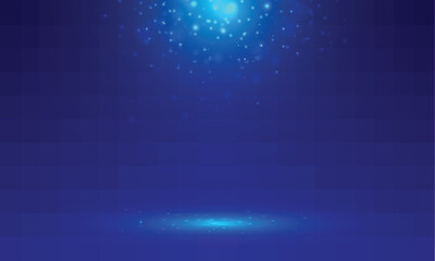 Wall Mural - blue stage background with light rays of spotlight and falling sparkling. shimmering light dust shin