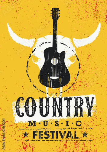 Fototapety gatunki muzyczne  festiwal-muzyki-country-kreatywny-wektor-teksturowanej-koncepcja-plakatu-z-gitara-i-czaszka-krowy-na
