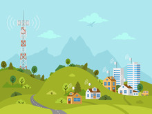 Transmission Cellular Tower On Landscape. Wireless Radio Signal Connection With Houses And Buildings Through Obstacles. Mobile Communications Tower With Satellite Communication Antennas.