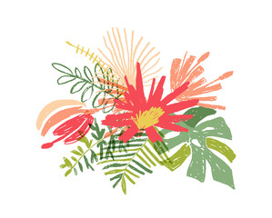 Wall Mural - Tropical hand drawn flower leaf composition, vector illustration isolated on white background. Floral doodle style, paradise bouquet