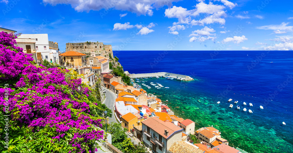 Beautiful coastal town Scilla in Calabria. Italy - obrazy, fototapety, plakaty 