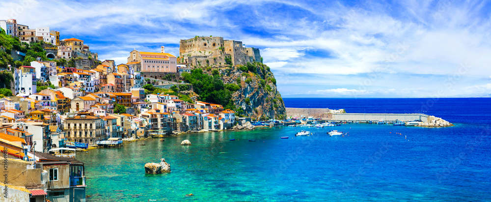  beautiful beaches and towns of Calabria - Scilla. Italian summmer holidays. - obrazy, fototapety, plakaty 