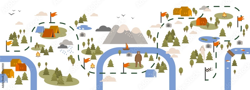 Horizontal banner with trail map, hiking route or footpath decorated with touristic areas, camping locations and landmarks marked by flags. Colorful vector illustration in flat cartoon style. - obrazy, fototapety, plakaty 