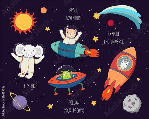 Set of cute funny elephant, bear, unicorn astronauts, alien in space, with pl...