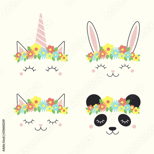 Set Of Cute Funny Animal Unicorn Bunny Cat Panda Faces In