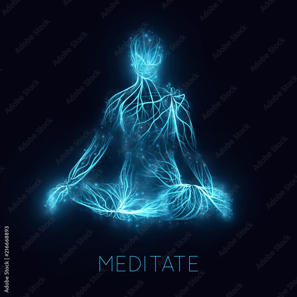 Vector concept of human meditaion. Sacral energy flows through prayer body on his way to enlightment. Yoga pose of relaxation. Asian spiritual practice. Magical glowing energy routes and spakrs. - obrazy, fototapety, plakaty 