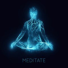 vector concept of human meditaion. sacral energy flows through prayer body on his way to enlightment