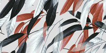 Seamless Pattern, Black, Red And White Long Leaves On Light Grey Background