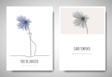 Minimalist Greeting/invitation Card Template Design, Blue Chrysanthemum Flower In Simple Line Vase On White Background