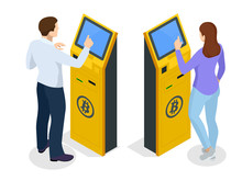 Isometric Modern Bitcoin ATM. Cryptocurrency Cash Dispenser. Buying And Selling Bitcoins, One Of New Era Cryptocurrency. Vector Illustrator