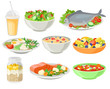 Delicious and fresh dishes set, healthy eating concept vector Illustrations on a white background
