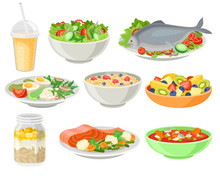 Delicious And Fresh Dishes Set, Healthy Eating Concept Vector Illustrations On A White Background