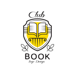 Book club logo design, heraldic shield with open book, badge for for bookstore, university, library, book festival. vector Illustration