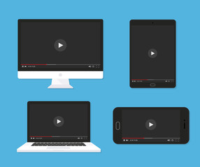 Wall Mural - set of monitor, laptop, tablet, smartphone video player template - stock vector.