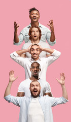 Wall Mural - The collage of faces of surprised people on pink backgrounds. Human emotions, facial expression concept. collage of men