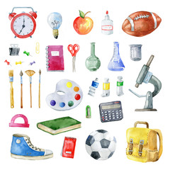 Set of school items on white background.