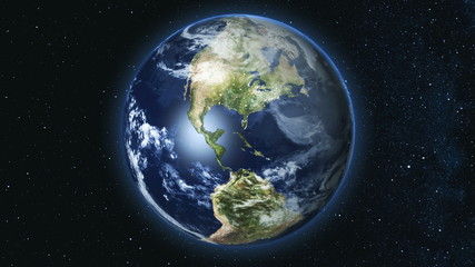 realistic earth planet, rotating on its axis in space against the background of the star sky. seamle