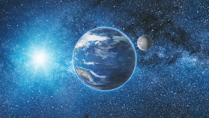 Wall Mural - sunrise view from space on planet earth and moon rotating in space. blue sky milky way with thousand