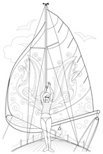 Black And White Page For Coloring. Fantasy Drawing Of Beautiful Fairy Dancing Tango On A Board Of Sailboat. Worksheet For Children And Adults. Black And White Vector Image.