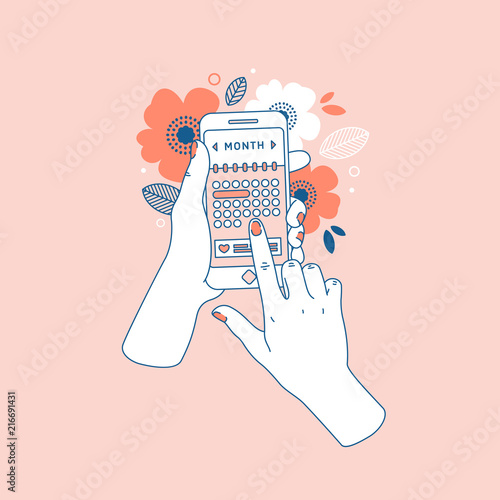 Fotografía Woman hand holding smartphone with menstruation cycle calendar