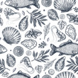 Seafood restaurant seamless pattern.  Fish, seashell, leaf, shrimp. Engraved vintage sea set. Vector illustration