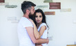 © be free - Tender hug. Couple in love romantic date cuddling outdoors light wall background. Man bearded and girl hugs or cuddling. So good to feel your hug. Couple in love enjoy each other romantic date