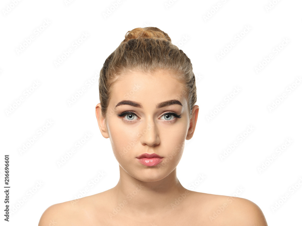 Young woman with beautiful eyebrows on white background