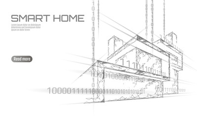 Poster - Smart house binary code low poly concept. Online control information analysis. Internet of things technology home automation system. White draft polygonal triangle vector illustration banner